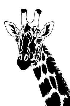 a giraffe's head is shown in black and white on a white background