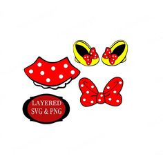 three red and yellow minnie mouse ears, one with polka dots on the ears and one with