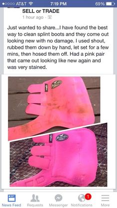 a pair of pink gloves sitting on top of a wooden table next to each other