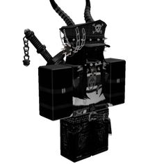 a black and white photo of an evil looking robot with two swords in his hands