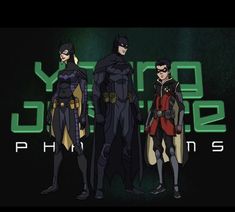 three batmans standing next to each other in front of a green and black background