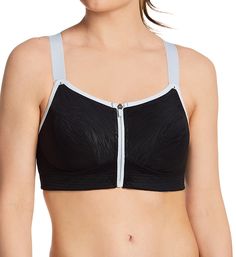 This sports bra offers support and breathability with full coverage, a wraparound design, and padded inside slings. Wireless. multipart cup is fully lined, with an angled seam and more supportive knit at the cup bottom for lift. Padded inner support sling lifts at cup side for forward projection, and is breathable for comfort. Cup fabric overlay has a wavy, tonal pattern. Zip closure at center has a sleek, non-chafe backing panel. Zipper has coated metal hooks-and-eyes for a secure fit, and the Functional Black Training Bra, Black Training Bra With Light Support, Functional Black Bra With Light Support, Training Bra With Medium Bust Support, Sports Nylon Bra In Black, Functional Black Bra With Medium Bust Support, Breathable Black Gym Bra, Sports Bra In Black, Supportive Padded Sports Bra For Training