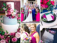 the wedding party is posing for pictures in front of their colorful cake and bouquets