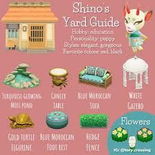 the info sheet for shino's yard guide includes furniture, flowers and accessories