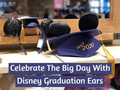 graduation caps and tassels are sitting on a shelf with the words celebrate the big day with disney graduation ears