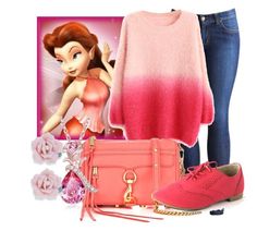 a pink sweater, jeans and red shoes are featured in this disney princess fashion set