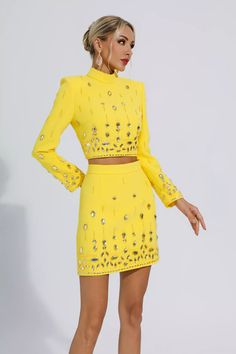 Cecelia Yellow Crystal Embellished Set Pageant Interview Outfit Miss, Pageant Interview Dress, Pageant Interview, Yellow Two Piece, Rhinestone Skirt, Glitter Wedding Dress, Skirt Elegant, Embellished Shorts, Bandage Midi Dress