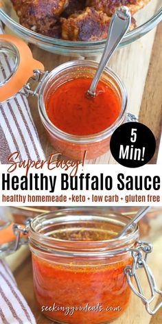 healthy buffalo sauce recipe in glass jars with spoons