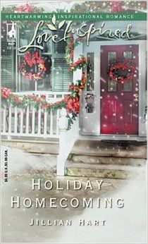 the front cover of a holiday book with an image of a red door and wreaths