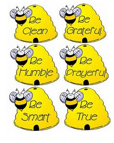 six bee themed magnets with the words be smart, be clean and be grateful