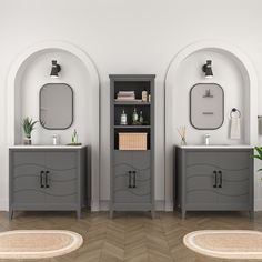 a bathroom with two gray cabinets and mirrors on the wall, along with rugs