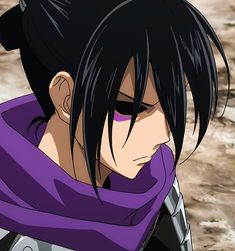 an anime character with black hair wearing a purple scarf and looking down at something in the distance