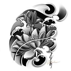 a black and white tattoo design with flowers