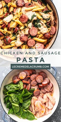 chicken and sausage pasta in a skillet with spinach leaves on the side next to it