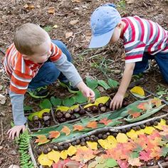 two young boys playing in the woods with leaves and berries on a leaf - shaped board