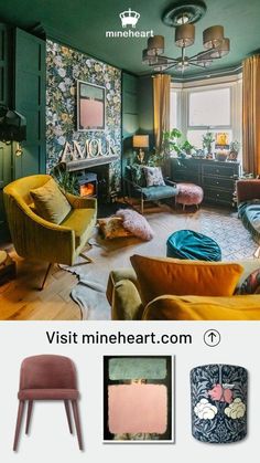 a living room with green walls and furniture