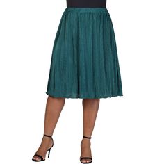 This elegant plus size skirt features a rich and luxurious shimmering pleated accordion fabric that adds texture and movement to your outfit. Designed with an elastic waistband, it provides a comfortable and flexible fit for various body types. The skirt is double layered, ensuring complete coverage and eliminating the need for additional undergarments. Its midi length is versatile, making it suitable for both casual and formal occasions. The flowing A Line silhouette enhances its sophisticated Green Midi Pleated Skirt For Party, Elegant Green Skirt With Accordion Pleats, Elegant Green Accordion Pleats Skirt, Green Pleated Party Bottoms, Pleated Green Skirt For Evening, Knee-length Party Skirt With Pleated Waist, Green Pleated Skirt For Evening, Green Pleated Bottoms For Party, Knee-length Pleated Waist Party Bottoms