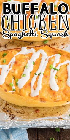 an image of buffalo chicken spaghetti dish on a baking sheet with the title overlay