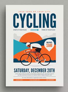 a poster with a man riding a bike on it's back and the words cycling written