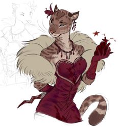 a drawing of a cat dressed up as a woman in a red dress and gloves