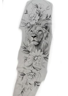 a tattoo with flowers and a lion on it