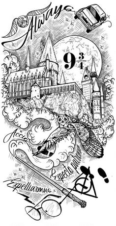 Harry Potter Monster Book Tattoo, Harry Potter Tattoos Stencils, Hogwarts Castle Tattoo Design, Harry Potter Outline Drawings, Harry Potter Tattoo Stencil, Harry Potter Tattoo Designs, Hogwarts Tattoo