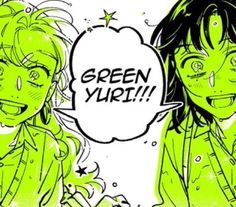 two cartoon characters with green hair and one has a speech bubble that says green yarn