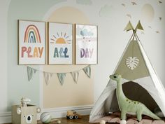 a child's playroom with toys and art on the wall, including a teepee tent