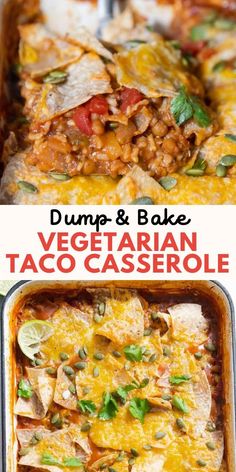 two different views of vegetarian taco casserole, one with meat and vegetables