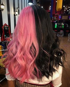 Half And Half Hair Color Pink And Black, Split Pink And Black Hair, Light Pink And Black Split Dye, Black Pink Split Dye, Pink Hair Dye Ideas For Black Hair, Split Dye Black And Pink, Split Pink Hair, Pink Black Split Dye, Half Blonde Half Pink Hair