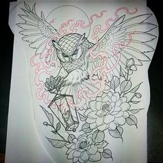 a drawing of an owl with flowers on it's chest and wings, holding a flower