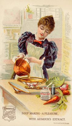 an old fashioned postcard shows a woman preparing food