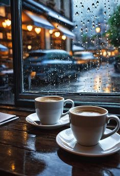 two cups of coffee sit on a table in front of a window with raindrops