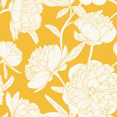 a yellow background with white flowers and leaves on the bottom right corner is an illustration of two large, pale - colored peonies