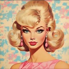 a painting of a woman with blonde hair and blue eyes wearing large pink earrings