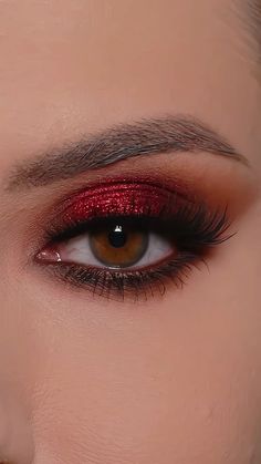 Red Glitter Glam Makeup, Makeup To Go With Red Outfit, Pretty Red Makeup, Makeup For Competition, Makeup Looks With A Red Dress, Red Gloss Eye Makeup, Red Dance Makeup, Red Halloween Makeup Eye, Fun Red Makeup Looks