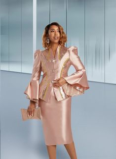 Donna Vinci 12084 blush pink skirt suit Lady Suits, Church Dresses For Women, Church Suits And Hats, Church Attire, Women Church Suits, Pear Body, Women Church, Skirt Suits, Church Suits