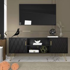 a living room with a large television mounted on the wall and a black bird sitting on top of it