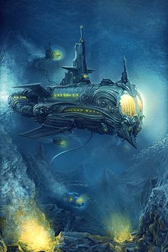 an underwater submarine floating in the ocean surrounded by rocks and other marine creatures, with lights on