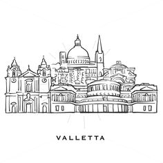 the cityscape of valetta, italy with buildings and spires in black and white