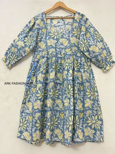 Indian hand Block Printed Cotton Dress, Women Wear Stylish Summer Dress, Evening Dress, Comfortable Dress,  Indian Artisan Dress, Handmade Dress, Traditional Dress, Vegetable Dye, Natural Dye, Wooden Dye, Mini Midi Dress, Easy Wear Dress, Soft Cotton Dress, Gifts For Her Wearing This Hand Block Print Beautiful Dress, Which is Made Of Soft Pure Cotton Gauze Will Make You Feel Gorgeous All Day Long Fabric Drapes So Elegantly Making it Ideal For Dates, Travel, Lunch, Brunch Outings, Cocktail, Parti Easy Wear Dresses, Printed Cotton Dress, Draped Fabric, Handmade Dresses, Comfortable Dress, Mom Outfits, Womens Midi Dresses, Dress Materials, Traditional Dresses