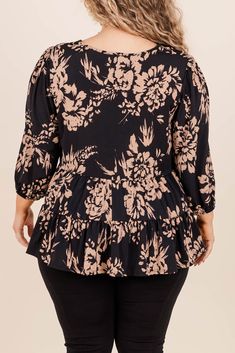 Elevate your wardrobe with this blouse! Its elegant babydoll style and flattering v-neck make it a must-have for any occasion! The delicate floral print in neutral colors adds a touch of sophistication, making it both stylish and versatile! 95% Polyester, 5% Spandex Flowy V-neck Blouse With Floral Print, Chic Floral Print Top With Split Neck, Feminine Floral Print Top With Split Neck, Feminine Floral Print Peplum Top, Fall Elegant V-neck Peplum Top, Elegant Fall V-neck Peplum Top, Elegant V-neck Peplum Top For Fall, Elegant Floral Print Top With Split Neck, Elegant Floral Print Split Neck Top