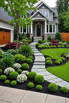 a nice house with landscaping in the front yard