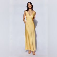 Worn Once. Brand New Condition Maxi Satin Dress, Meshki Dresses, Yellow Bridesmaid, Yellow Bridesmaid Dresses, Yellow Bridesmaids, Backless Maxi Dresses, Satin Maxi, Cowl Neckline, Satin Maxi Dress