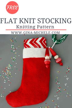 a knitted christmas stocking with the text, flat knit stocking knitting pattern