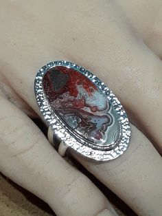 One of a kind, handcrafted, Crazy lace agate and sterling silver ring.  Size 9 1/2(one free sizing). Top measures about 33mm X 19mm. Handmade Silver Agate Ring, Agate Rings As A Gift, One Of A Kind Agate Ring As A Gift, Art Statement, Vintage Style Engagement Rings, Carnelian Ring, Special Ring, Statement Art, Handcrafted Rings