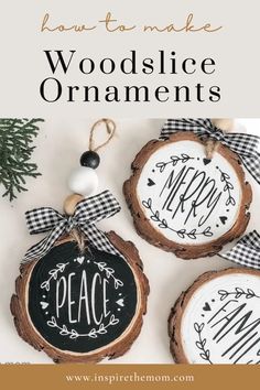 three wood slice ornaments with the words peace and merry written on them in black and white