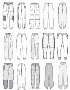 men's pants with different pockets and sides, all drawn in black and white