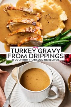 turkey gravy with gravy sauce and mashed potatoes on the side