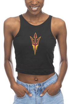 Give your tailgating look a cute update with this Arizona State Sun Devils Womens Tank Top! Look good and stay cool in this Black First Down Sleeveless Shirt. This Arizona State Tank Top features a screen print team logo on center chest. Strapless, Built in bra, Finished seams, Perfect for a hot summer day, Flirty way to show your team pride, 90% Polyester - 10% Spandex, 4 Collegiate Black Sleeveless Top, Team Spirit Tank Top For Summer Sports, Team Spirit Tank Top For Sports In Summer, Team-colored Tops For Summer Sports, Black Sports Bra For Summer Sports Events, Summer Tank Top For Sports Events, Fitted Black Collegiate Tops, Fitted Tops With Team Logo For Sports Events, Fitted Sports Tops With Team Logo